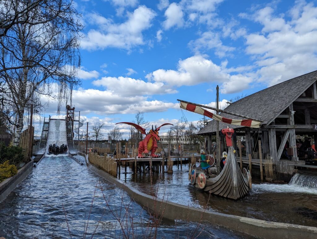 boat going down the Vikings River Splash ride at LEGOLAND Billund