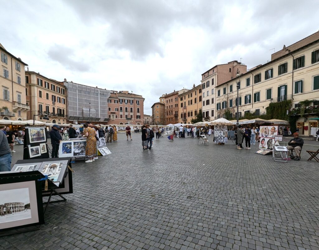 View of the Piazza Navona in Rome with people painting