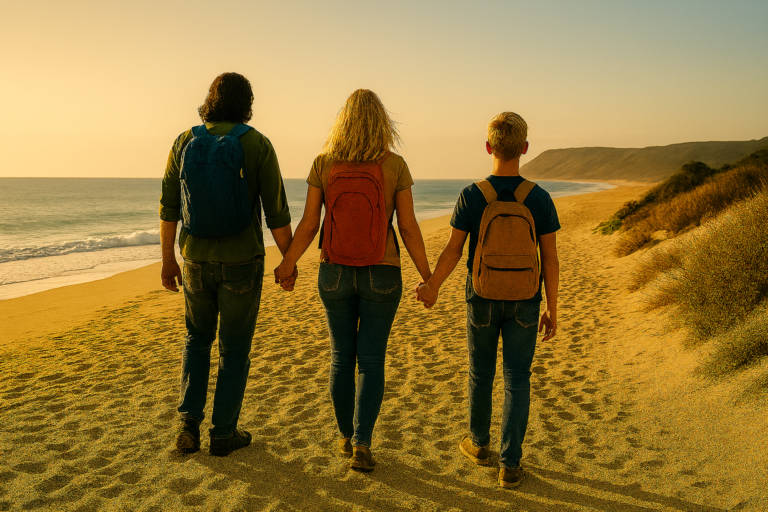 Family walking down a beach holding hands with backpacks