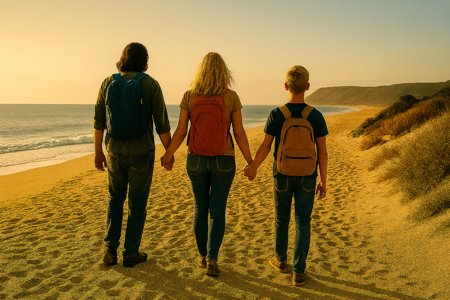 Family walking down a beach holding hands with backpacks