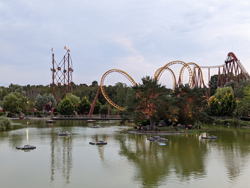 View of some of the theme park rides at Parc Asterix in France