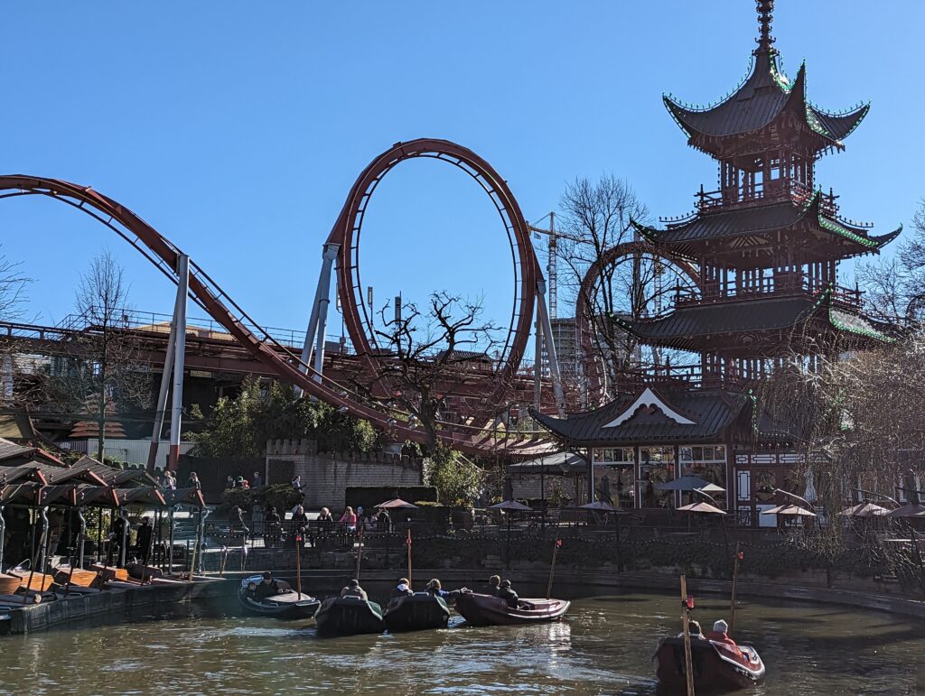 View of one of the main rides and pagoda in Tivoi Gardens Copenhagen