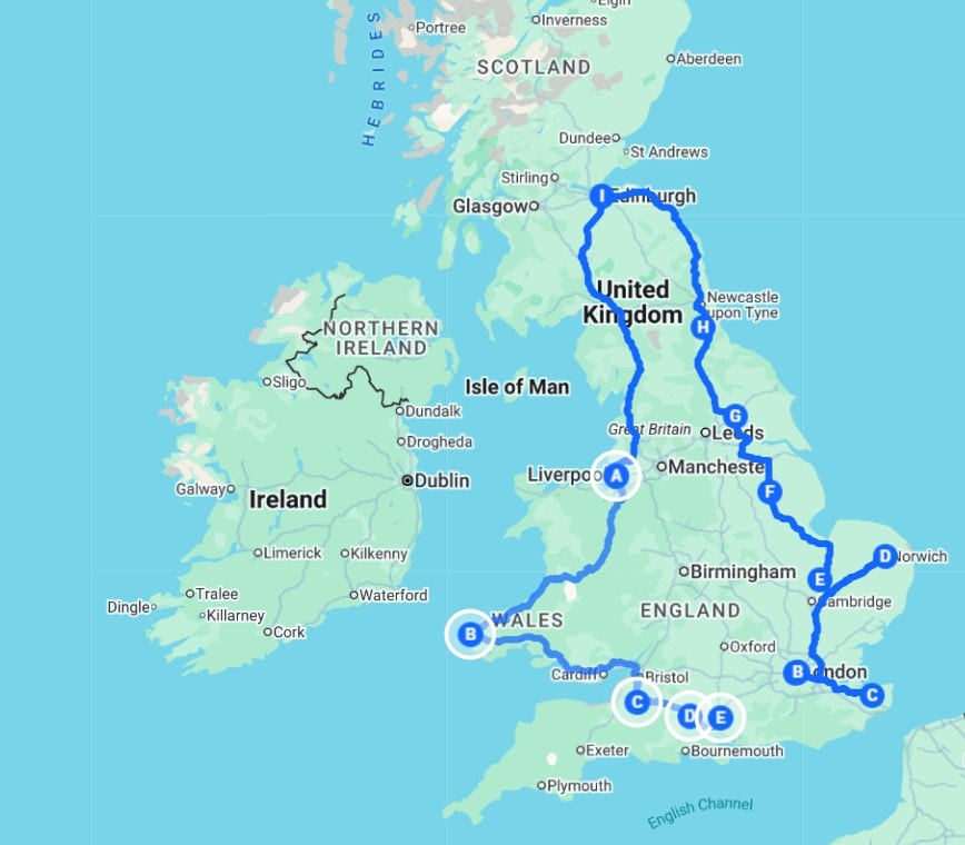 Road trip map around the best cathedrals in the UK