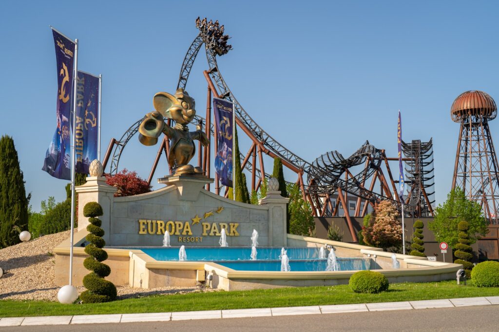 The entrance to Europa Park with some of the rides in the background