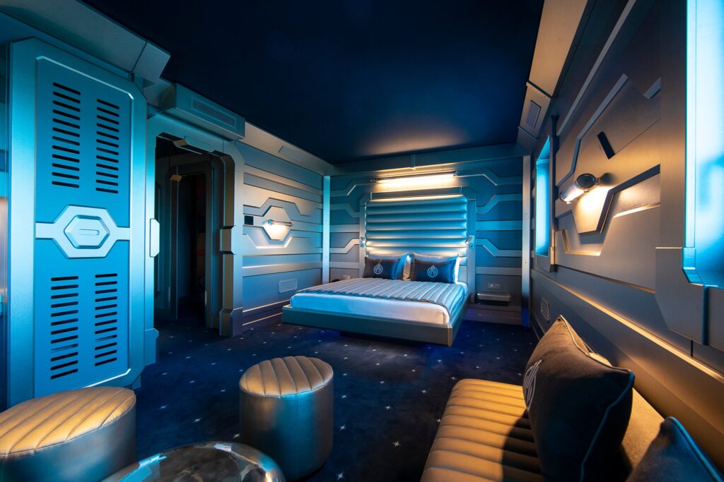 One of the bedrooms at the Station Cosmos hotel Futuroscope