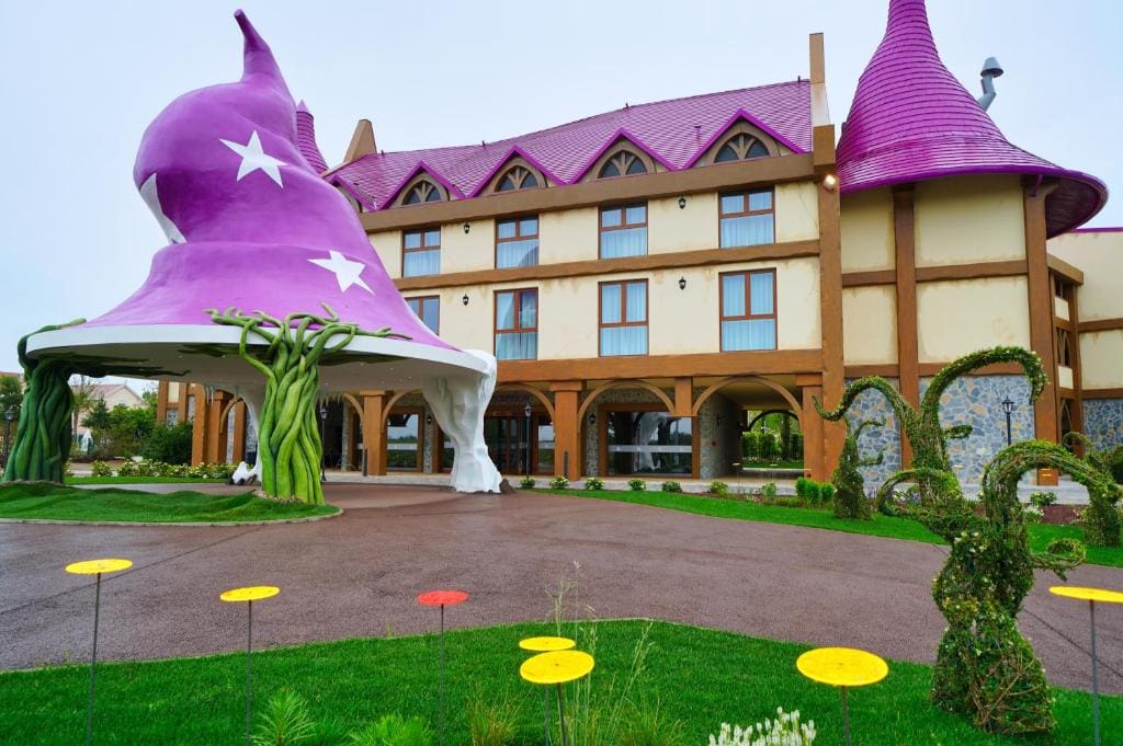 Outside of a themed hotel at Gardaland Italy