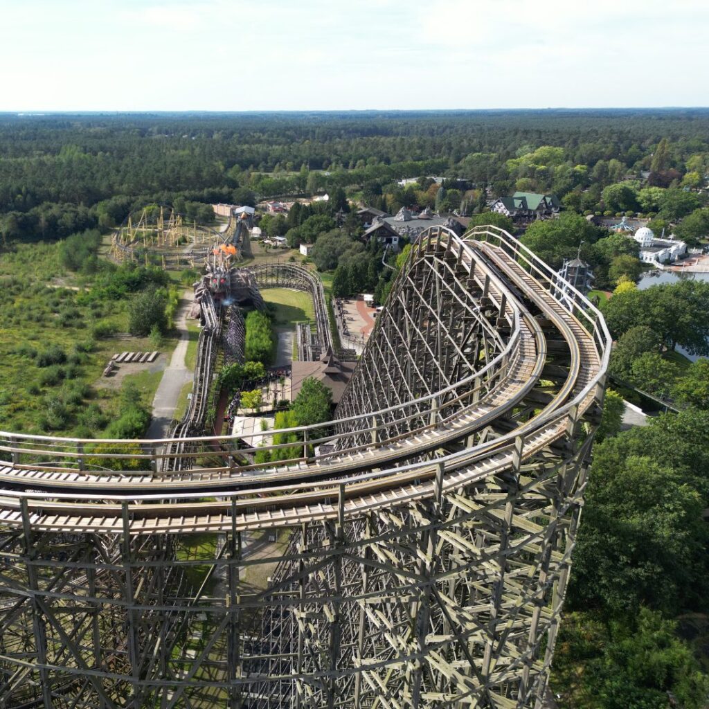 View of one of the many thrill rides at Heide Park resort Germany