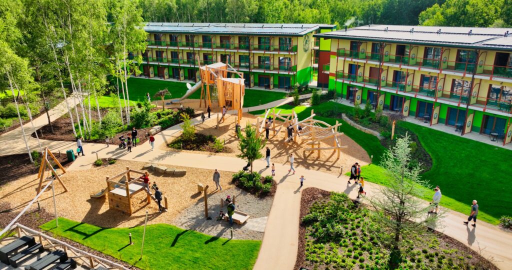 View of the hotel at LEGOLAND Germany with the play area in front of it