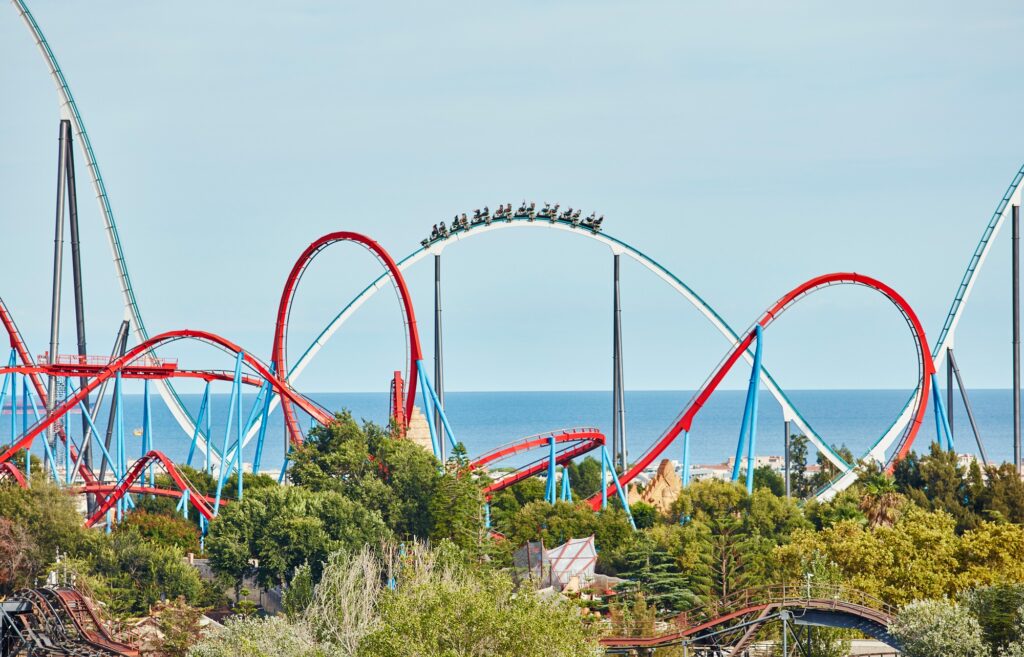 View of some of the thrill rides at PortAventura World in Spain