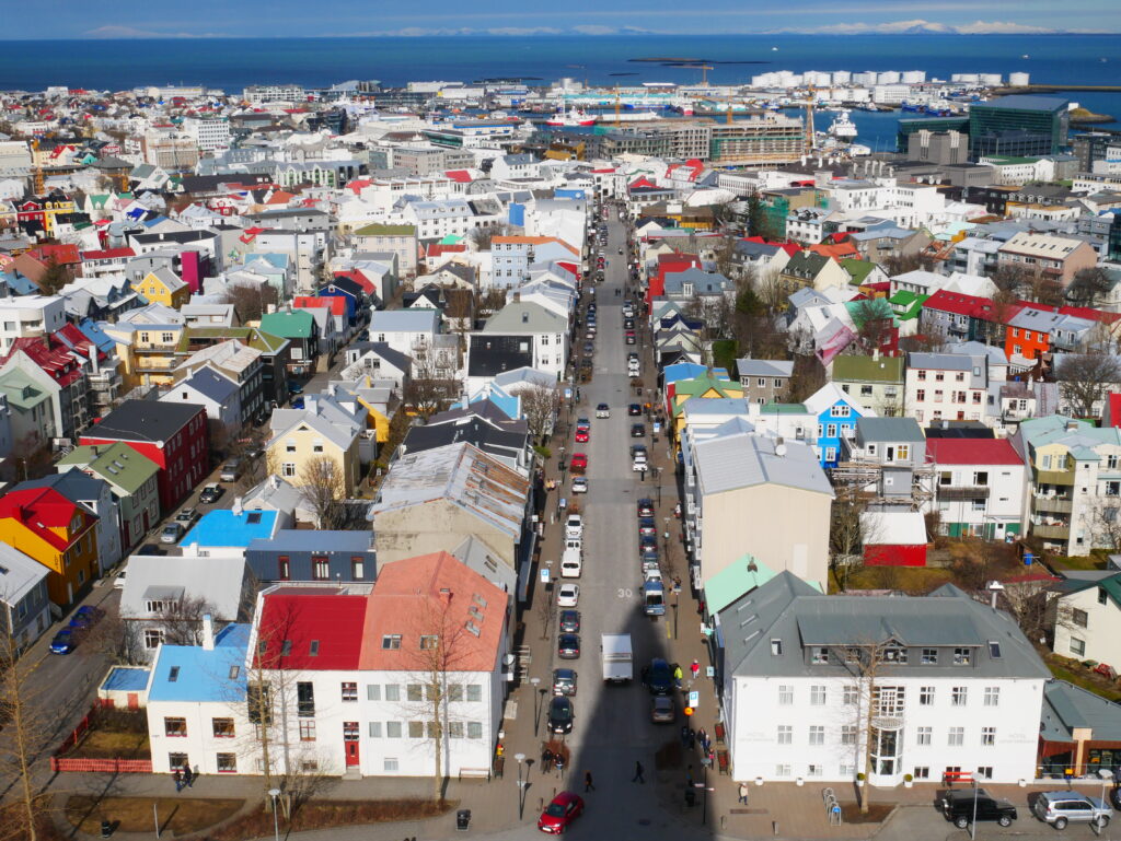 View looking down from the highest point in Reykjavik - colourful houses