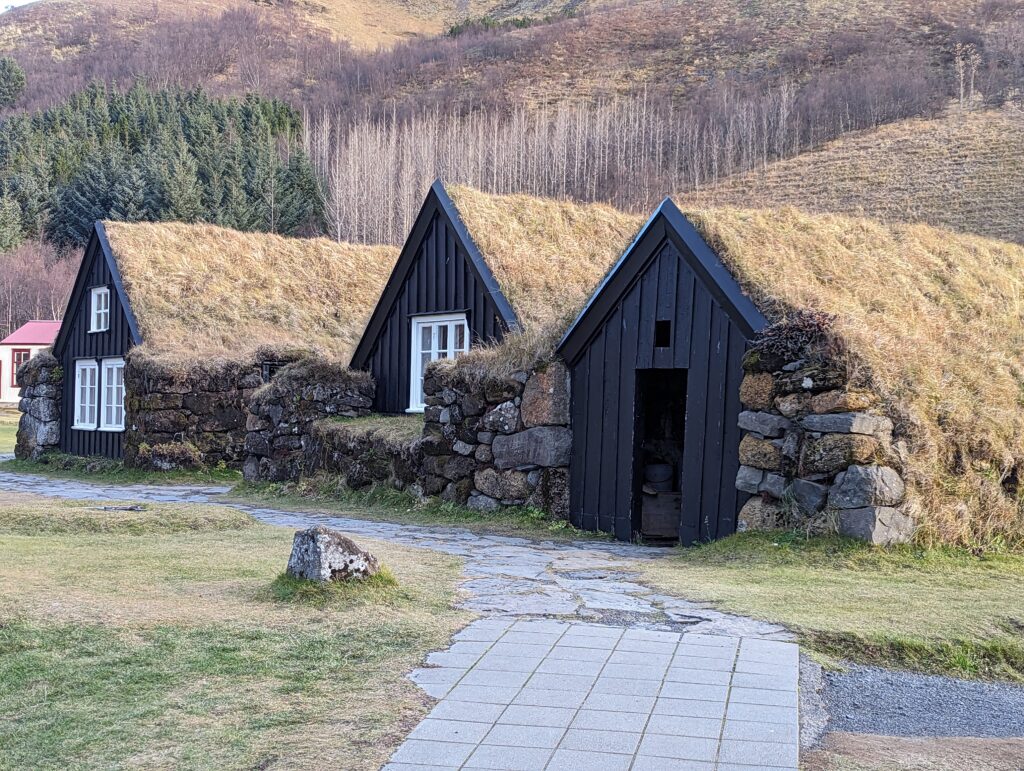 Historical turf houses at the Skogar Museum in Iceland