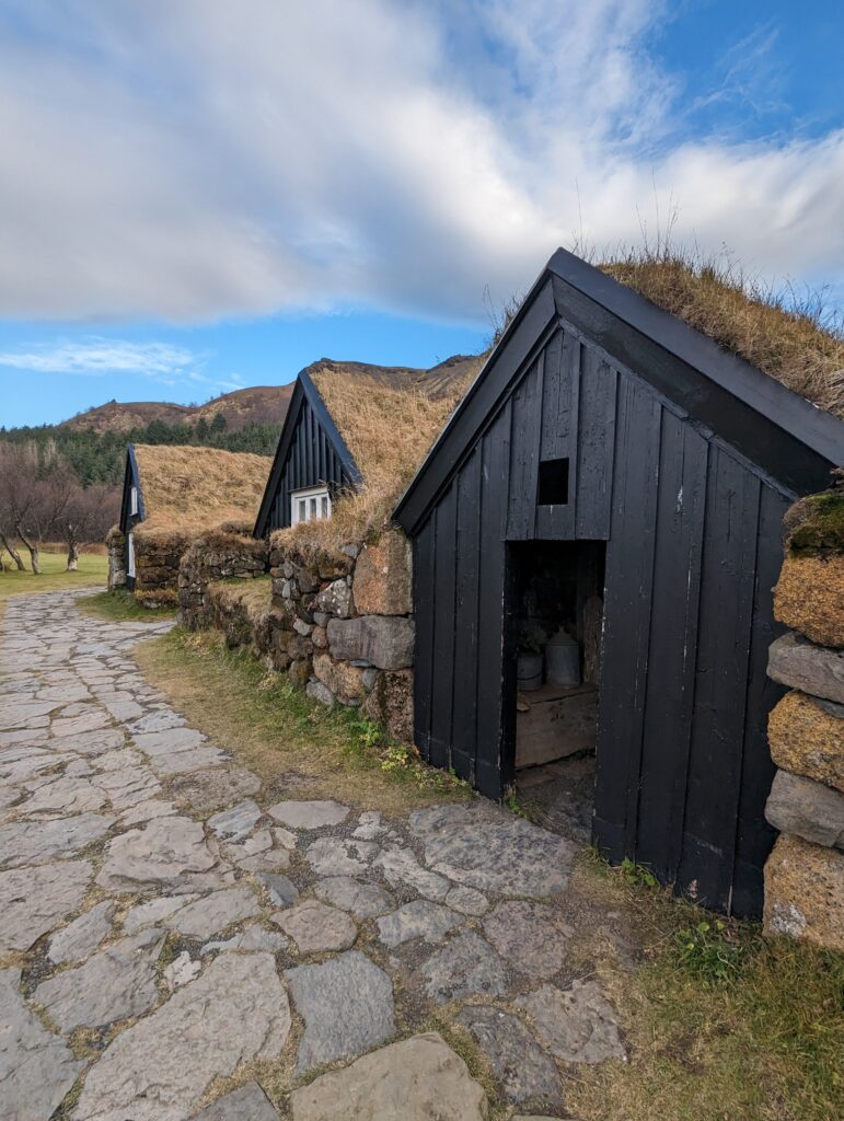 Turf roof houses at Skogar Folk Museum in south Iceland