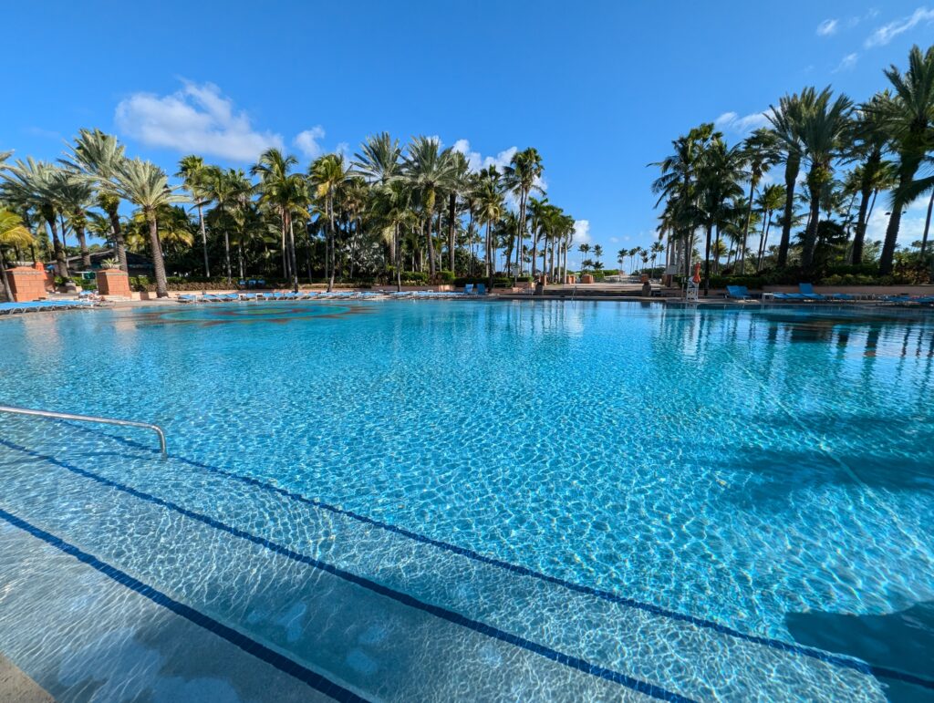 One of the two large pools at the Royal Atlantis Bahamas with clear blue water