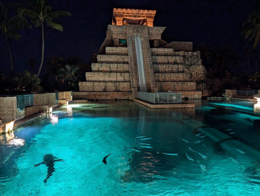 Sharks swimming around the Mayan Temple slide in the dark at Atlantis Bahamas