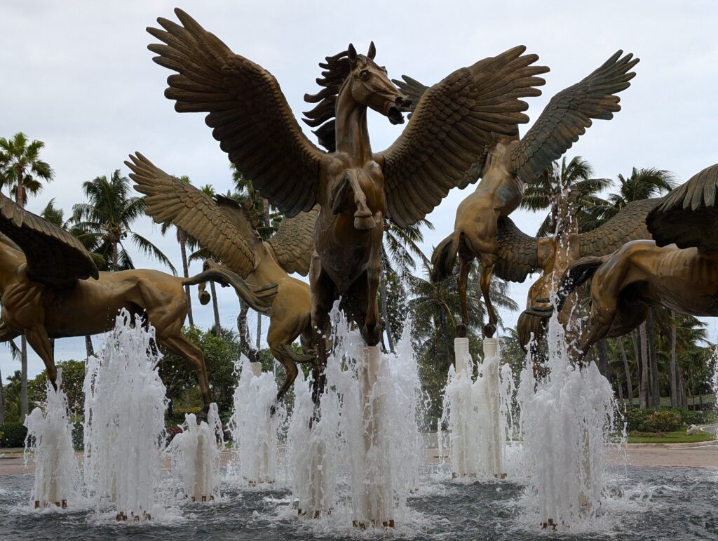 The fountains by the entrance of Royal Atlantis with huge metal horses and water fountains