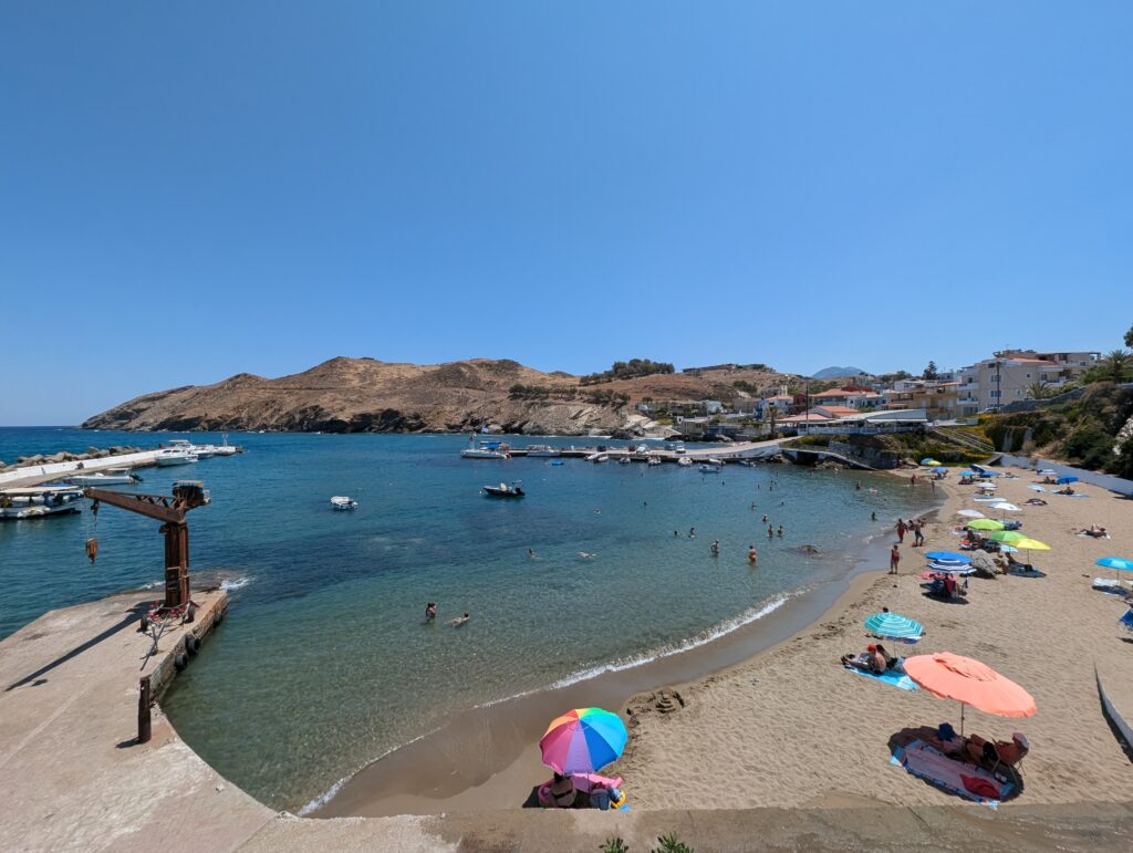 view of the harbour at Captains House Seaside looking over Panormos in Rethymno