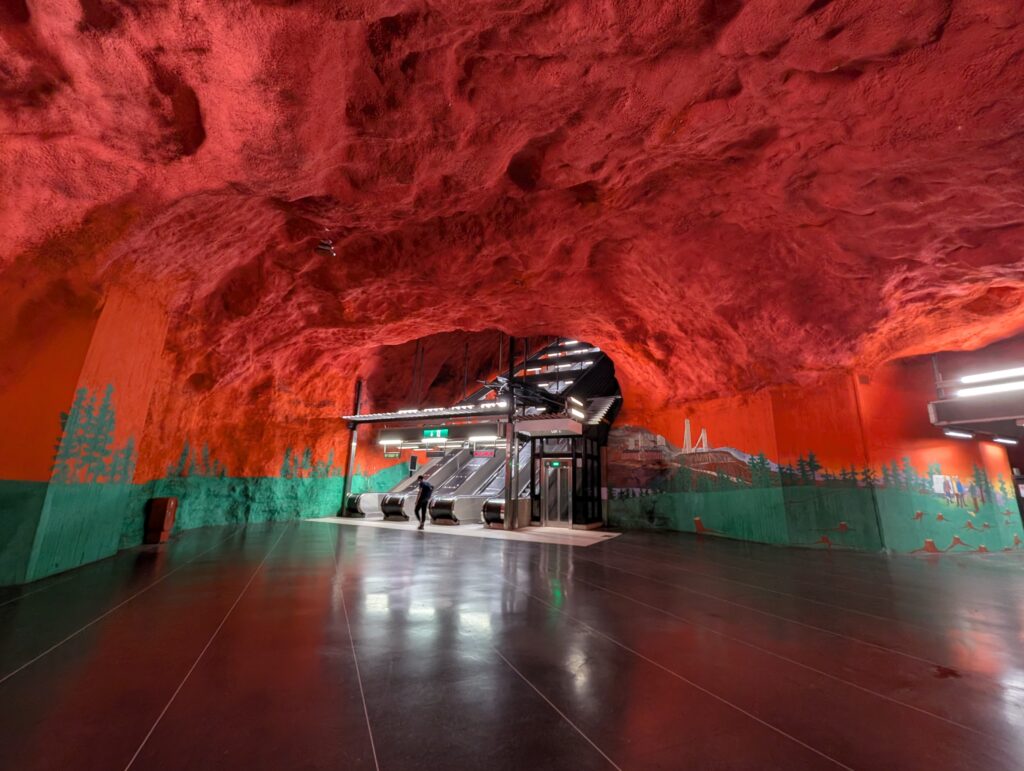 Red cave artwork at Solna Centrum Stockholm