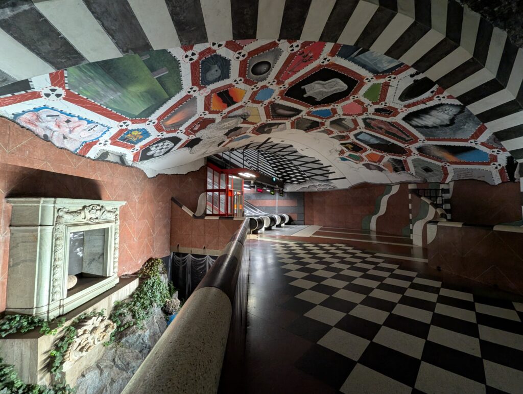 Ceiling artwork in pattern design at Kungsträdgården Station